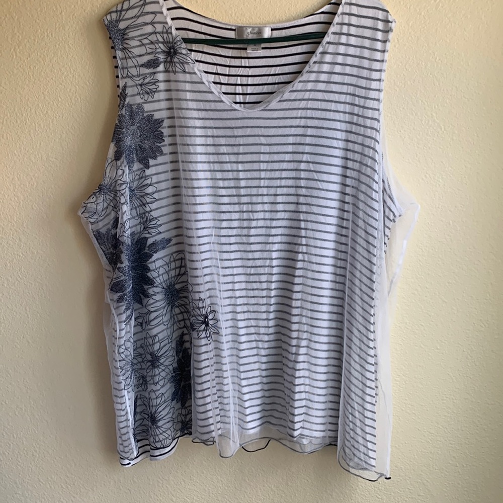 CJ Banks Sleeveless Summer Striped Tank Top with floral mesh overlay